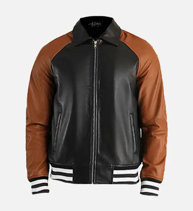 Men's Black & Brown Leather Varsity Jacket