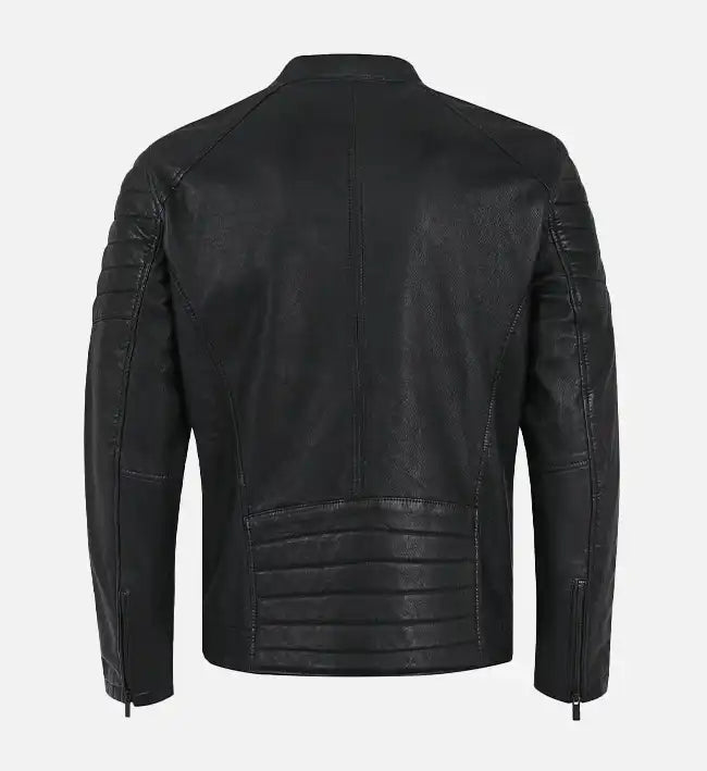 Men’s Quilted Shoulder Black Cafe Racer Leather Jacket