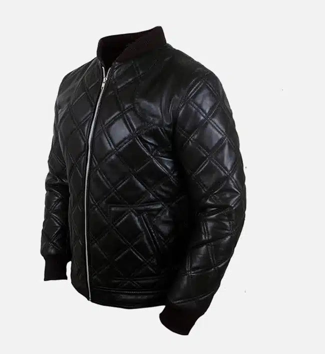 Men's Diamond Quilted Black Leather Bomber Jacket