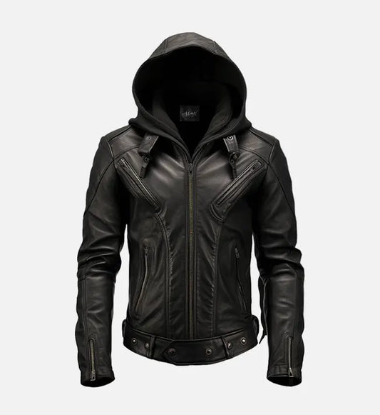 mens black hooded leather jacket