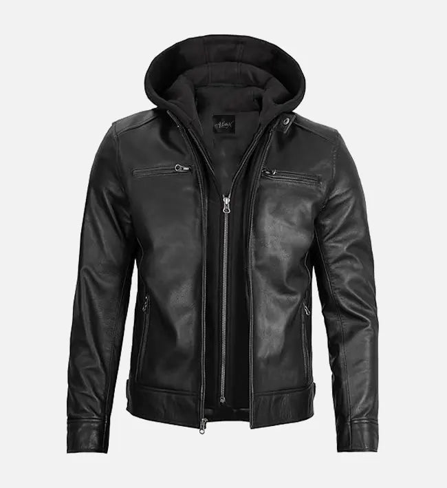 Men’s Black Leather Jacket with Removable Hood