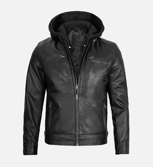 mens black leather jacket with removable hood