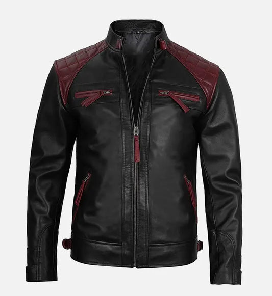 mens black maroon quilted cafe racer leather jacket