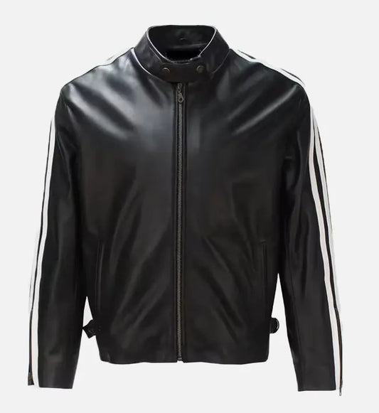 mens black white cafe racer leather jacket