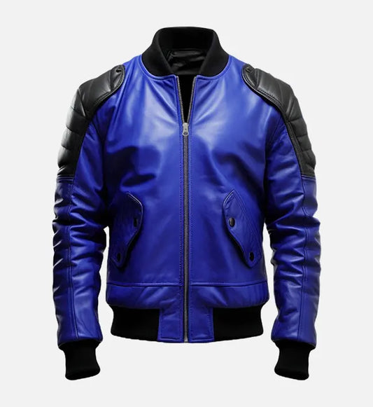 mens blue black bomber leather jacket