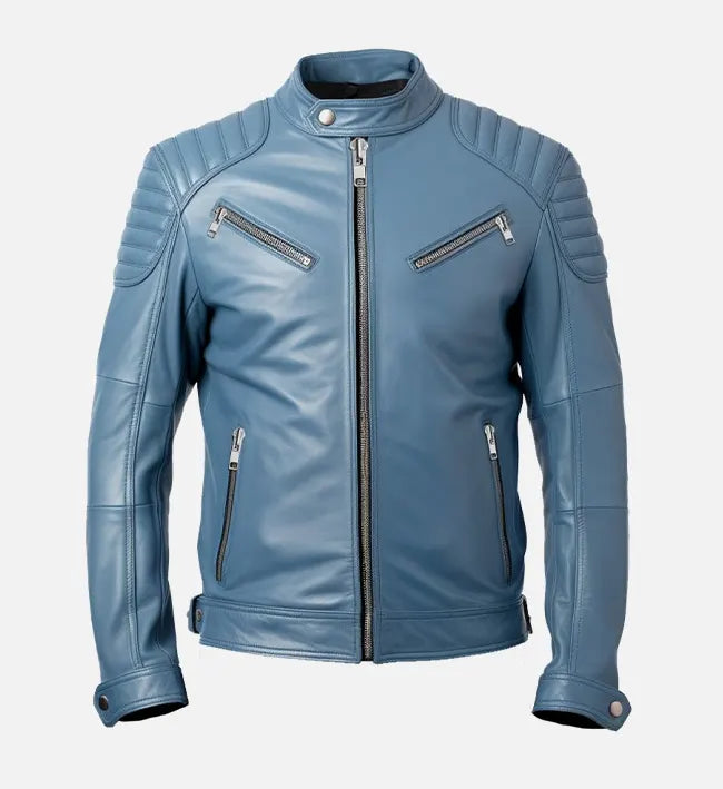 mens blue cafe racer leather jacket