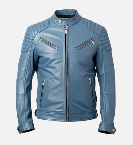 Men's Blue Cafe Racer Leather Jacket