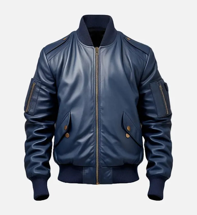 mens blue flight bomber leather jacket