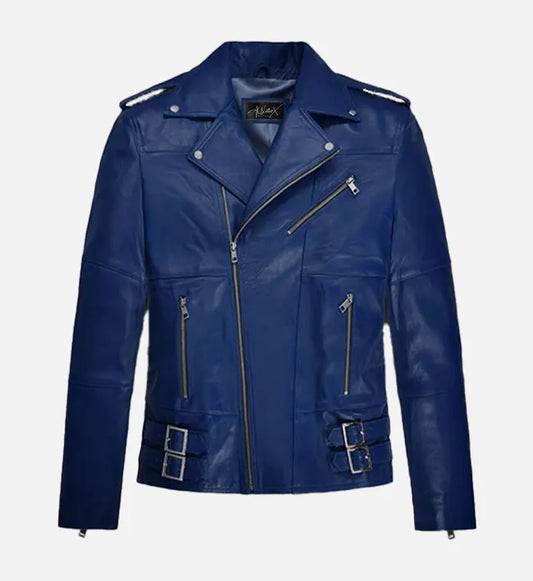 mens blue leather biker jacket