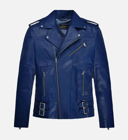 Men's Blue Leather Biker Jacket