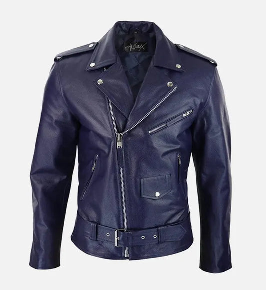 mens blue runway biker leather jacket