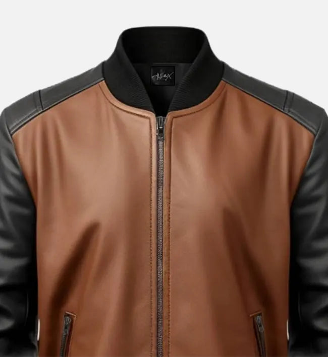 Men's Brown and Black Bomber Leather Jacket