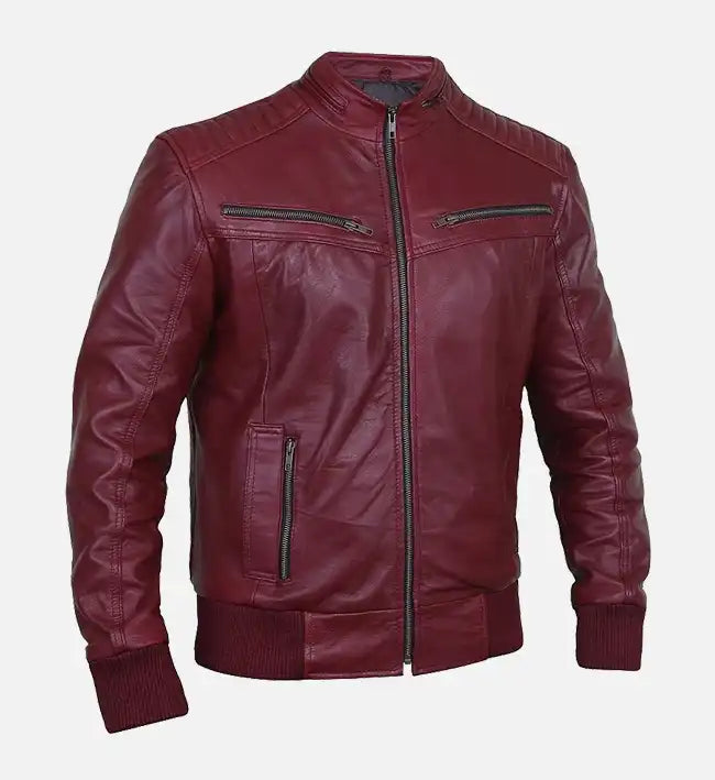 Men's Red Leather Bomber Jacket