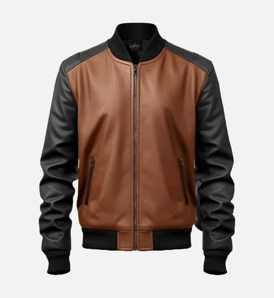 mens brown and black bomber leather jacket