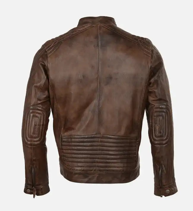 Men’s Quilted Shoulder Brown Cafe Racer Leather Jacket