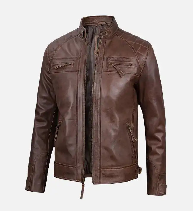 Men’s Diamond Shoulder Style Brown Biker Leather Jacket