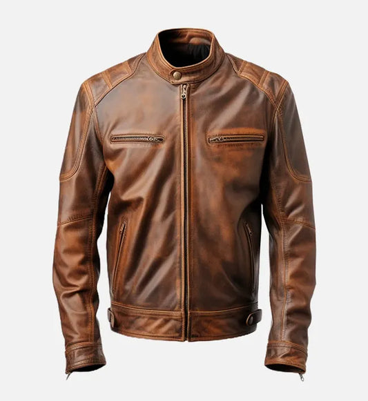 mens brown distressed cafe racer leather jacket