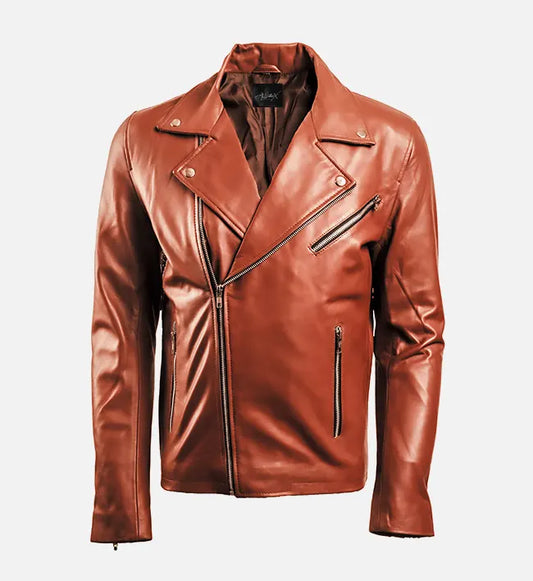 mens brown leather biker jacket