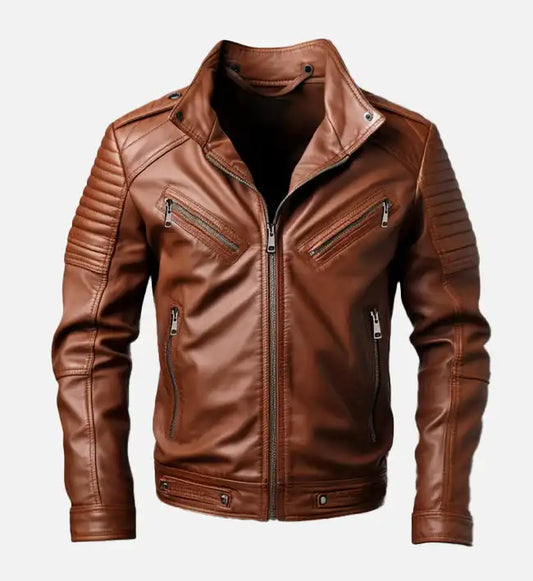 mens brown leather biker jacket