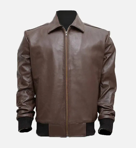 mens brown leather bomber jacket
