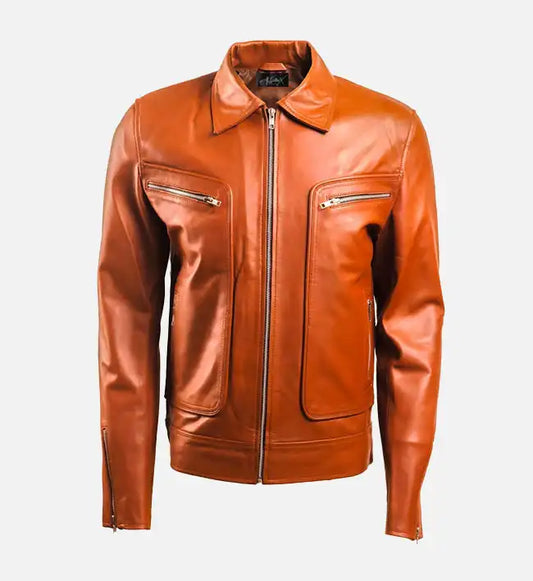 mens brown leather jacket with zip pocket