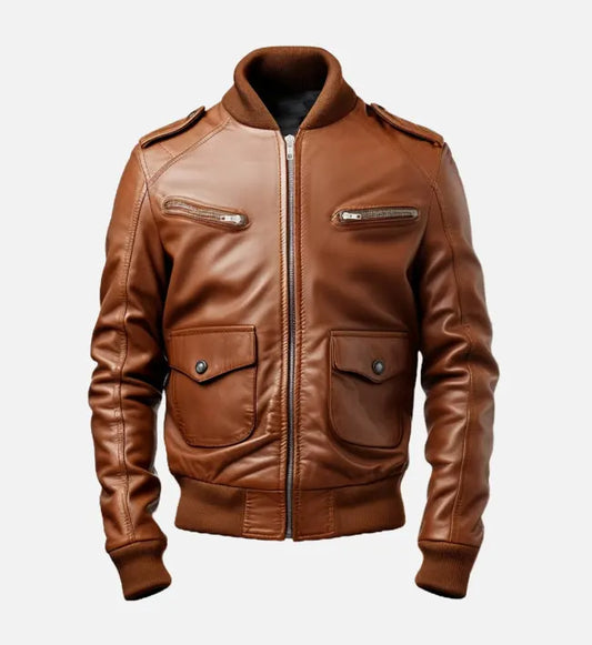 mens brown leather strap pocket style bomber jacket