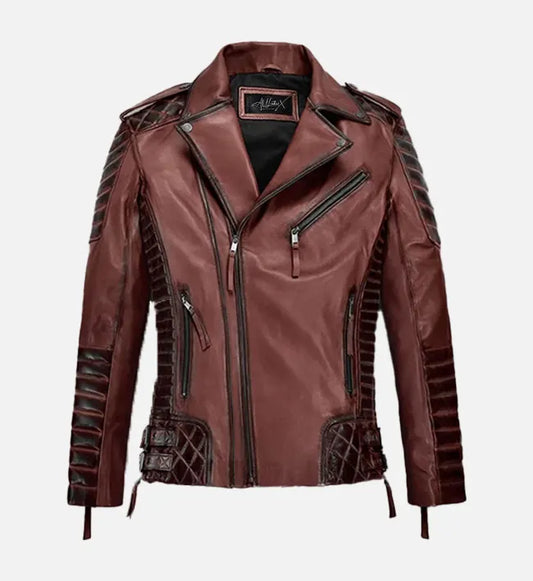 mens burnt maroon biker leather jacket