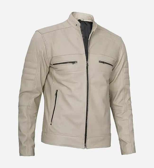 Men's Beige Cafe Racer Leather Jacket