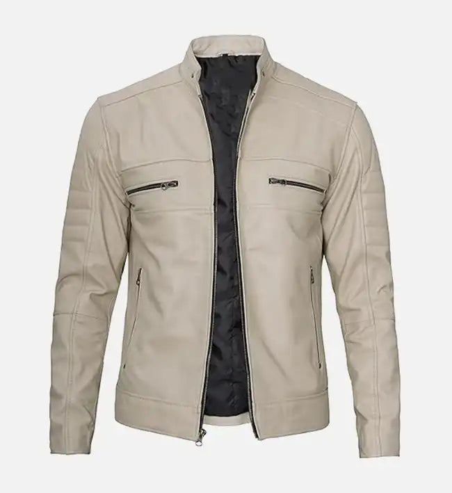 Men's Beige Cafe Racer Leather Jacket