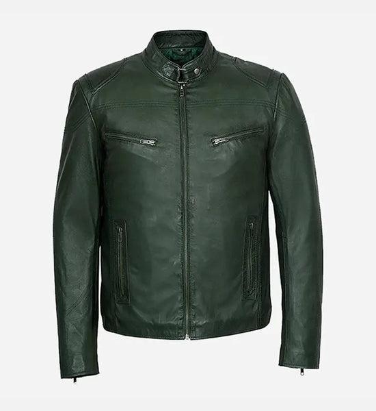 Khaki green leather jacket hot sale