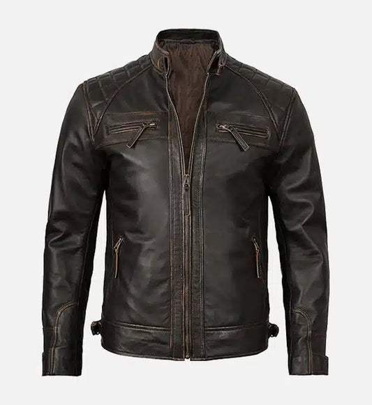 mens cafe racer distressed brown leather jacket