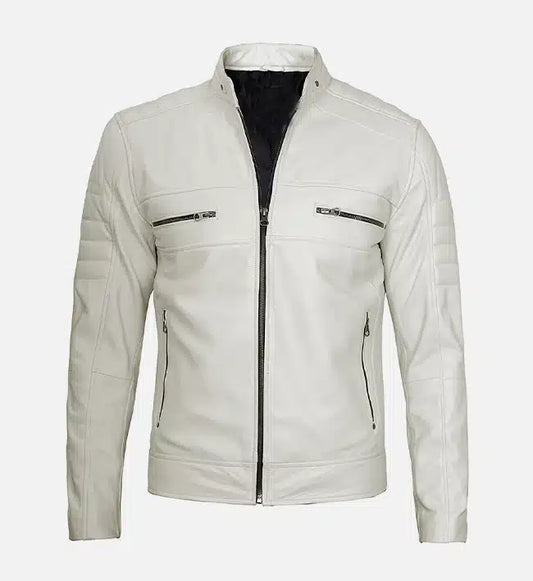 mens cafe racer white leather jacket