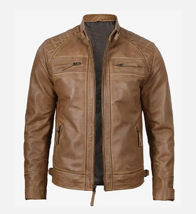 Men's Cafe Racer Camel Brown Leather Jacket