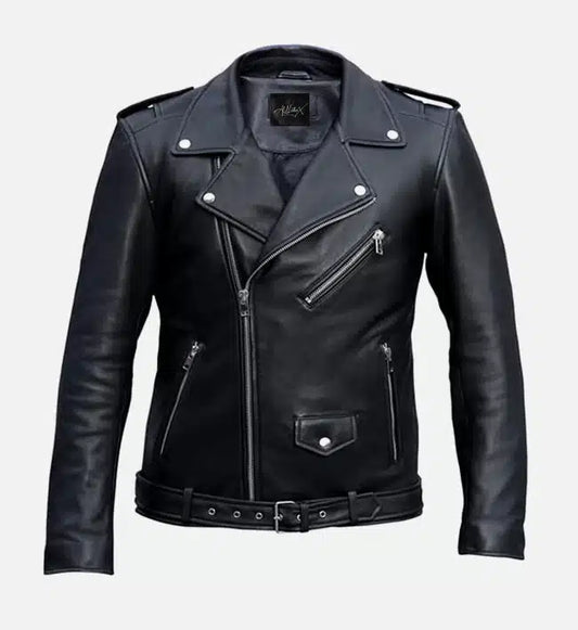 mens classic belted black biker leather jacket
