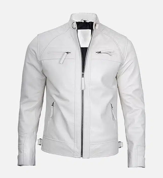 mens classic white leather cafe racer jacket