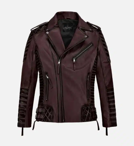 mens classic wine biker leather jacket