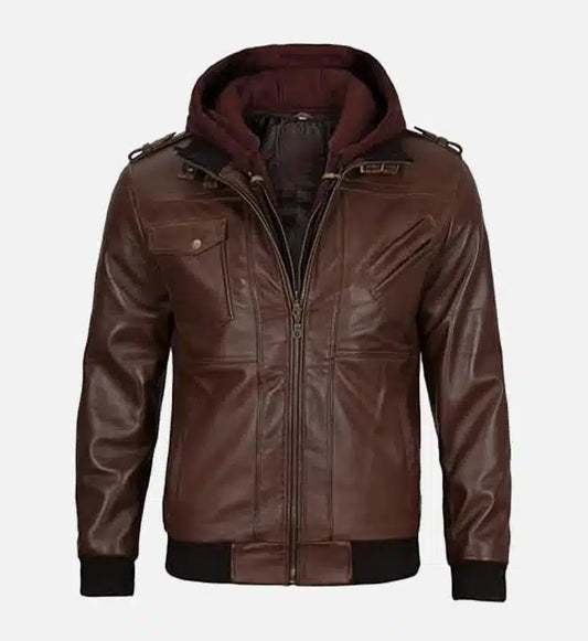 mens dark brown leather bomber jacket with hood