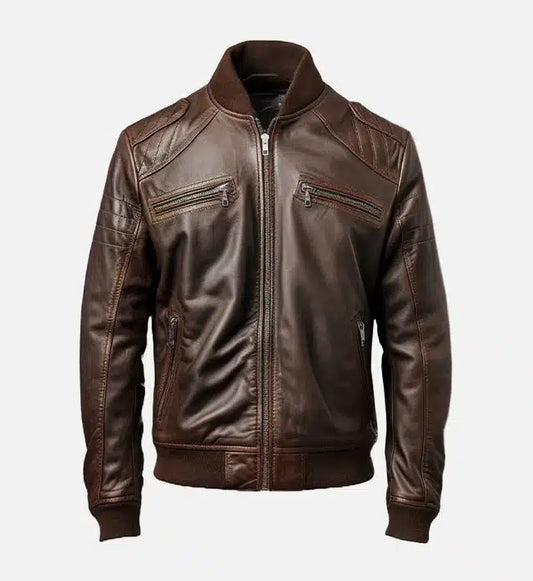 mens dark brown leather bomber jacket