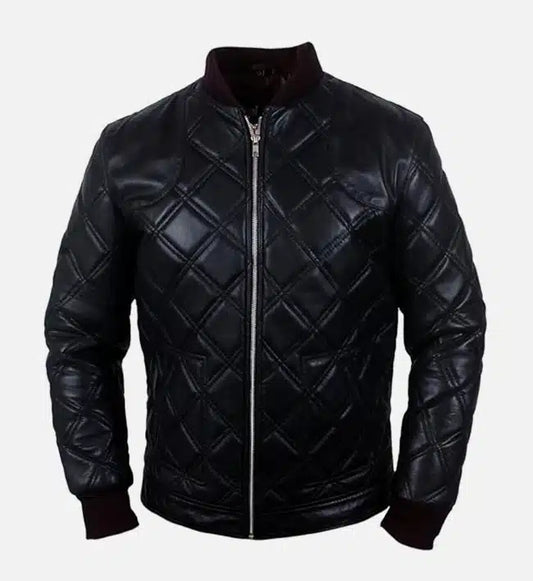 mens diamond quilted black leather bomber jacket
