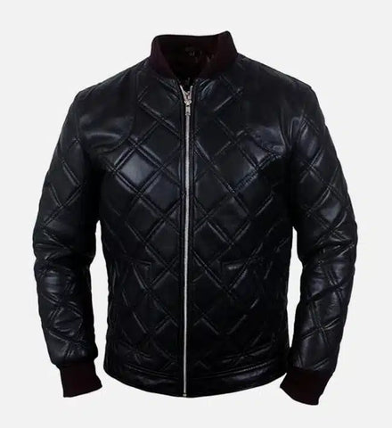 Men's Diamond Quilted Black Leather Bomber Jacket