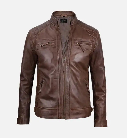 mens diamond shoulder style brown biker leather jacket
