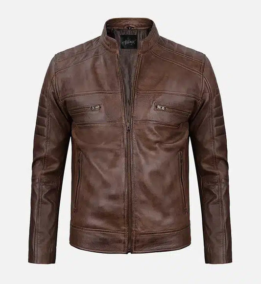 mens distressed coffee brown cafe racer leather jacket
