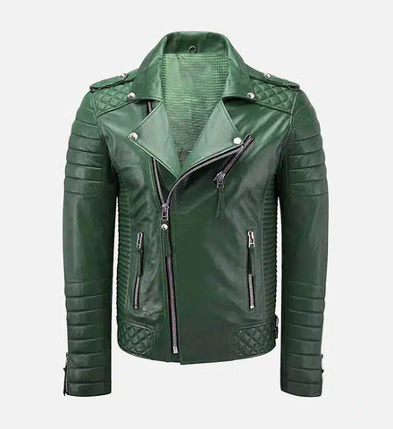 Men's Green Moto Biker Slim Fit Leather Jacket