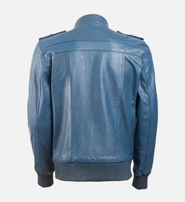 Men’s Band Collar Blue Bomber Leather Jacket