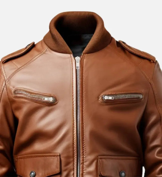 Men's Brown Leather Strap Pocket Style Bomber Jacket