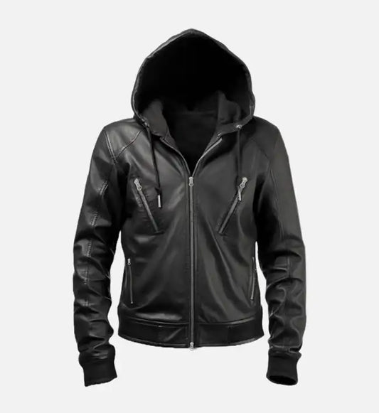 mens leather jacket black hooded