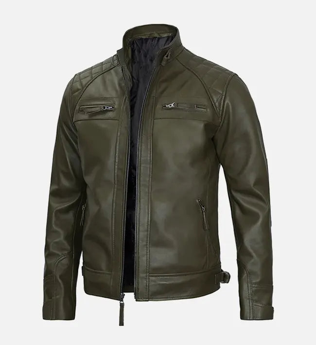 Men's Olive Green Leather Cafe Racer Jacket