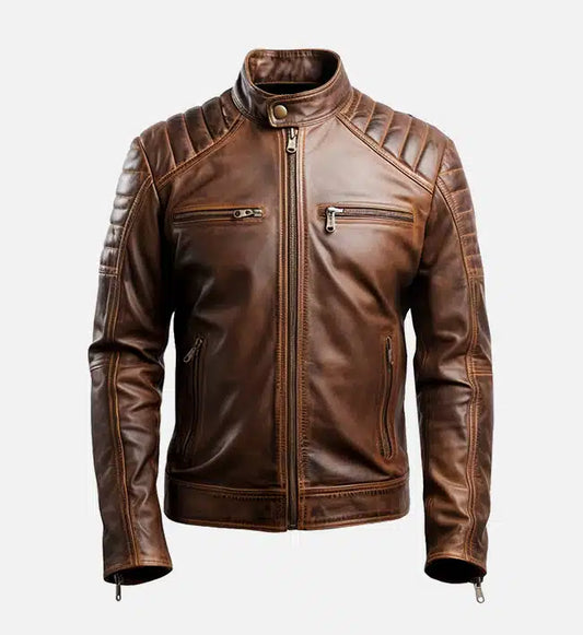 mens leo distressed brown cafe racer leather jacket