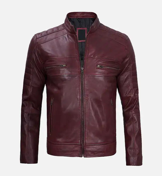 mens maroon cafe racer leather jacket