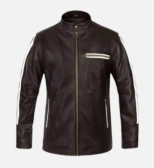 Men's White Stripe Brown Biker Leather Jacket